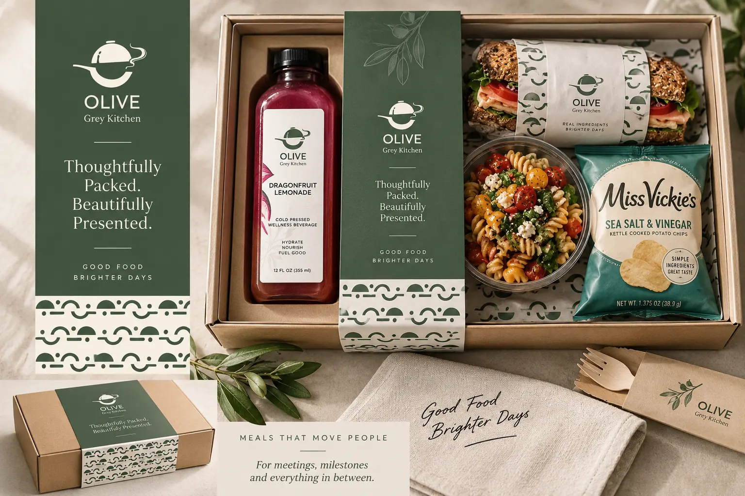 Olive Grey Kitchen packaging: sleeved lunch box, cold-pressed juice, napkin and cutlery