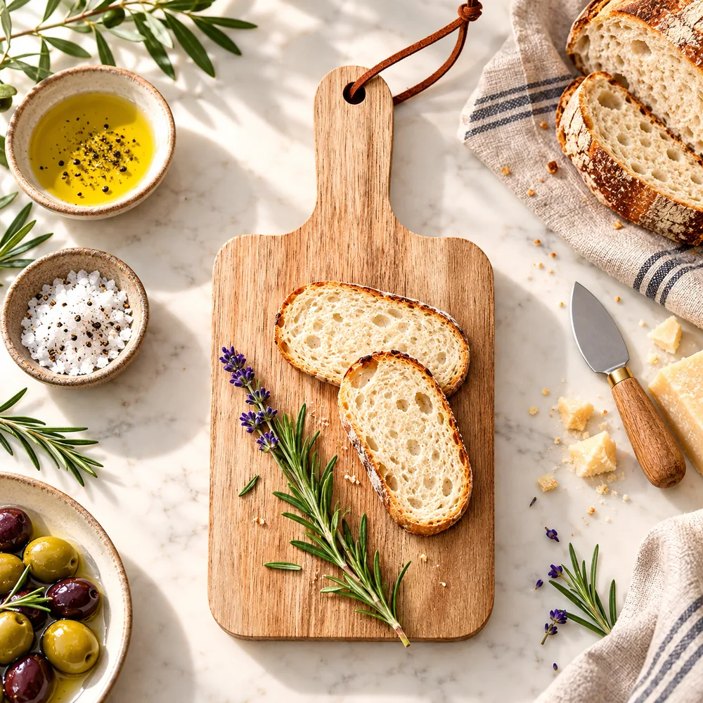 Wooden cutting board with leather strap, styled with sliced bread, olives, herbs and cheese
