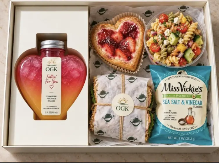 Lunch box with a heart-shaped juice bottle, strawberry tart and pasta salad