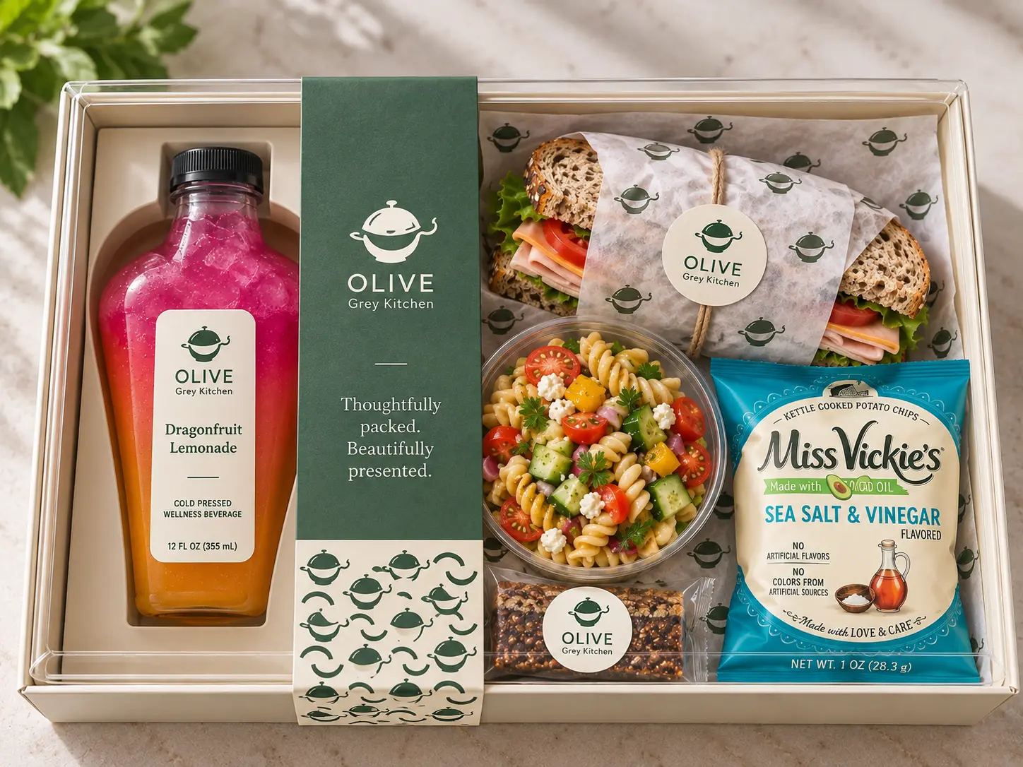 Lunch box with dragonfruit lemonade, wrapped sandwich, pasta salad, chips and a granola bar