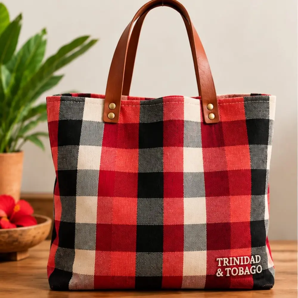 Red plaid tote bag with leather handles and Trinidad and Tobago embroidery